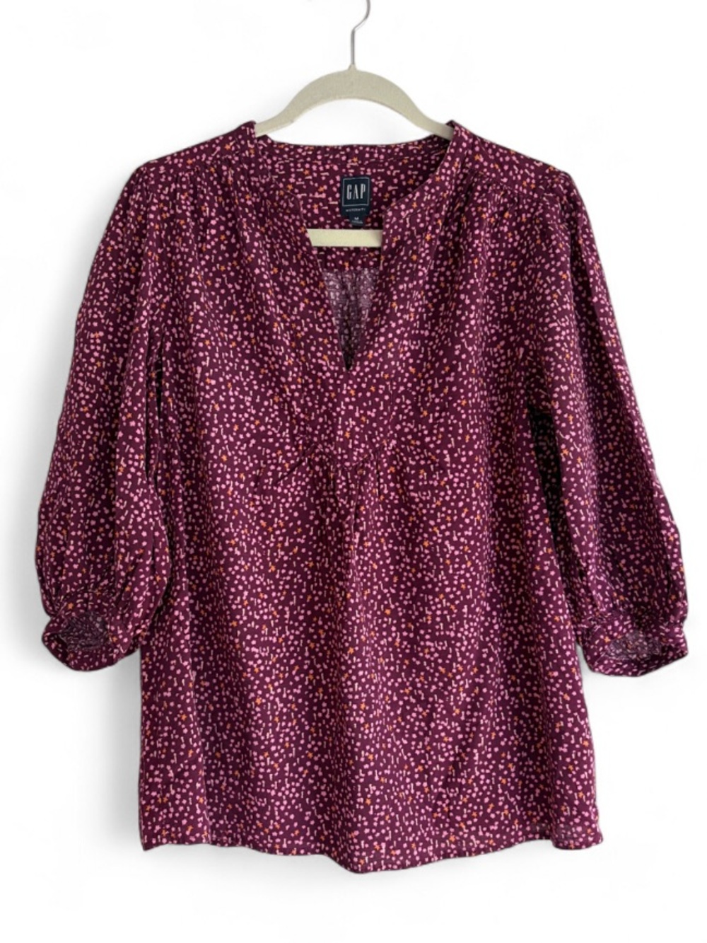 Gap Maternity Burgundy Floral Cotton Blend 3/4 Blouse Size M